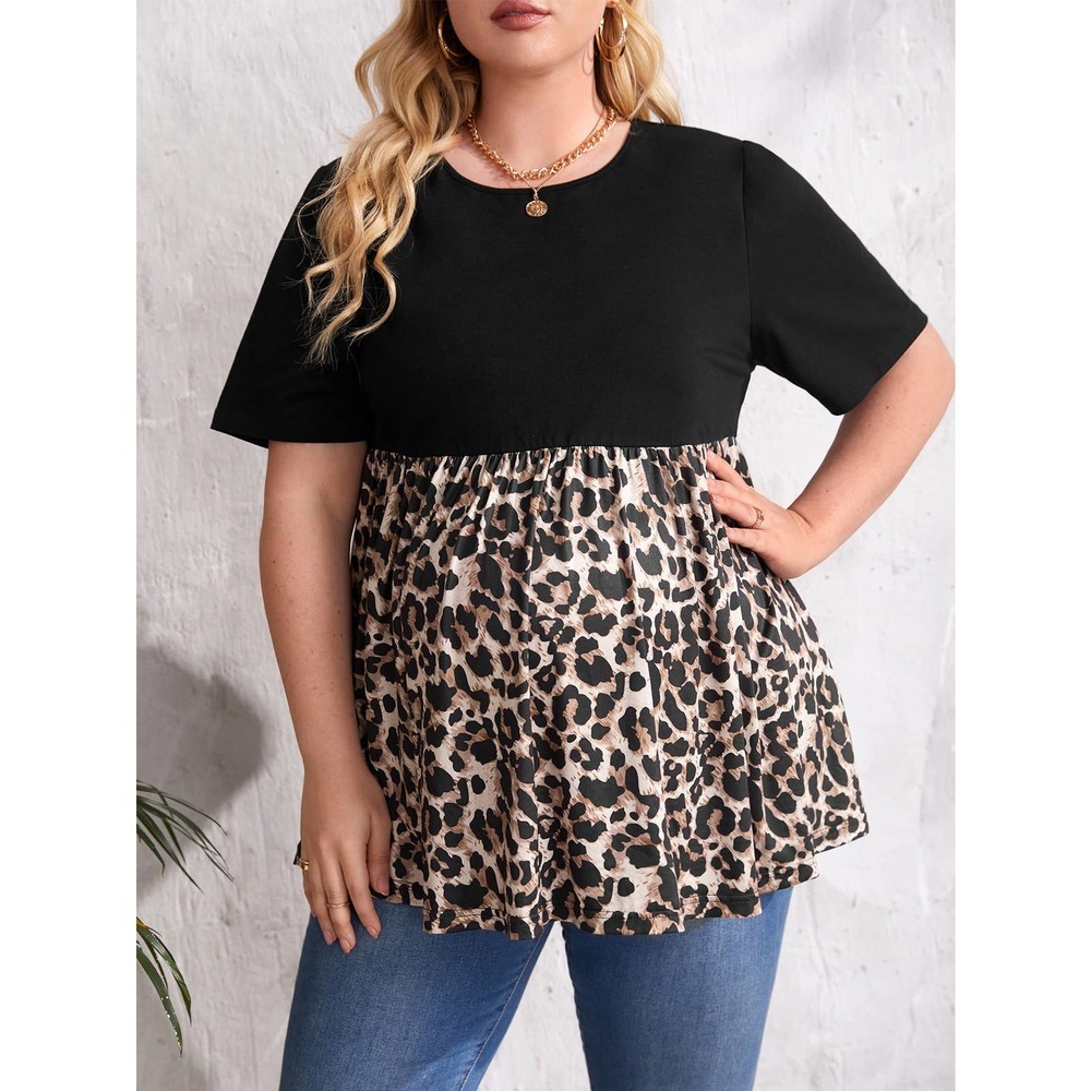 PLUS SIZE Maternity Leopard Ruffle Hem short sleeve tee black tan